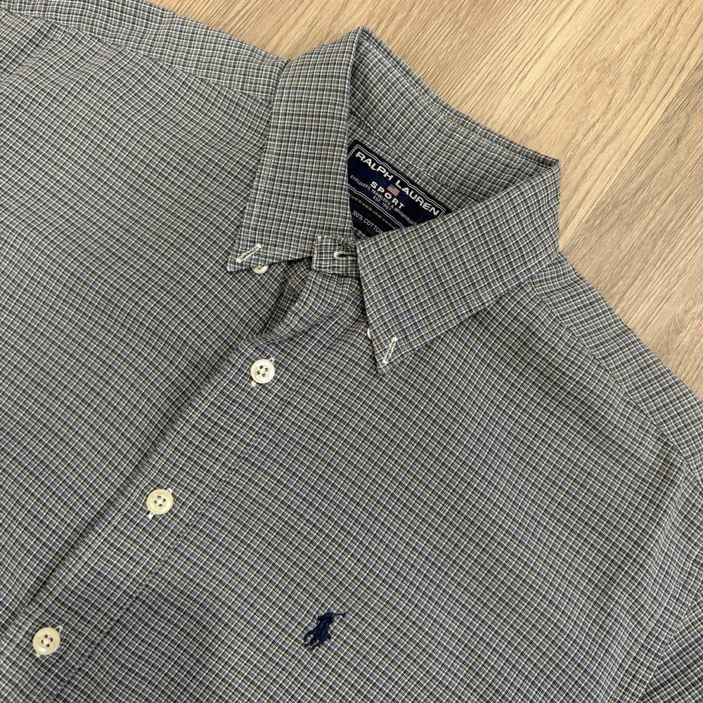 Vintage Ralph Lauren Sport Men's Large Button Shirt Blue Check Pony Short Sleeve